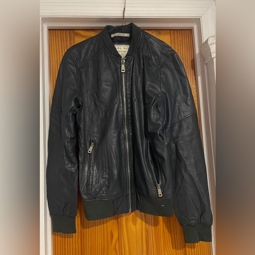 Zara Black Leather Bomber Jacket